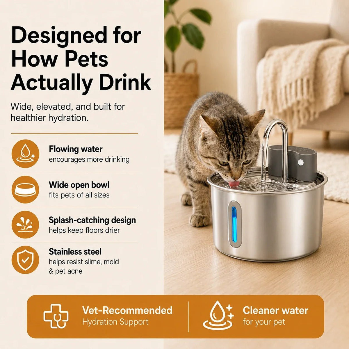 Cat Water Fountain 2.2L Stainless Steel - LofiMart