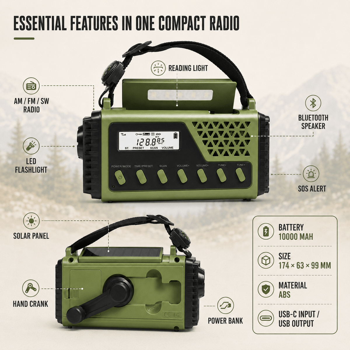 Hand Crank Emergency Radio with Solar Charging and Bluetooth Speaker - LofiMart