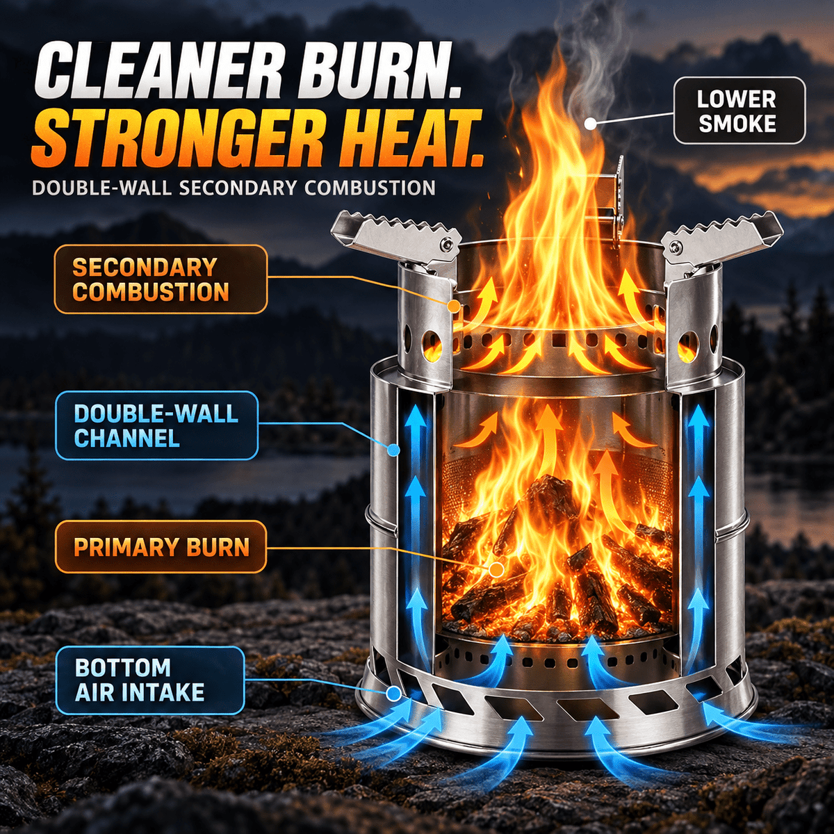 Portable Wood Burning Stove with Double-Wall Combustion for Outdoor Cooking - LofiMart