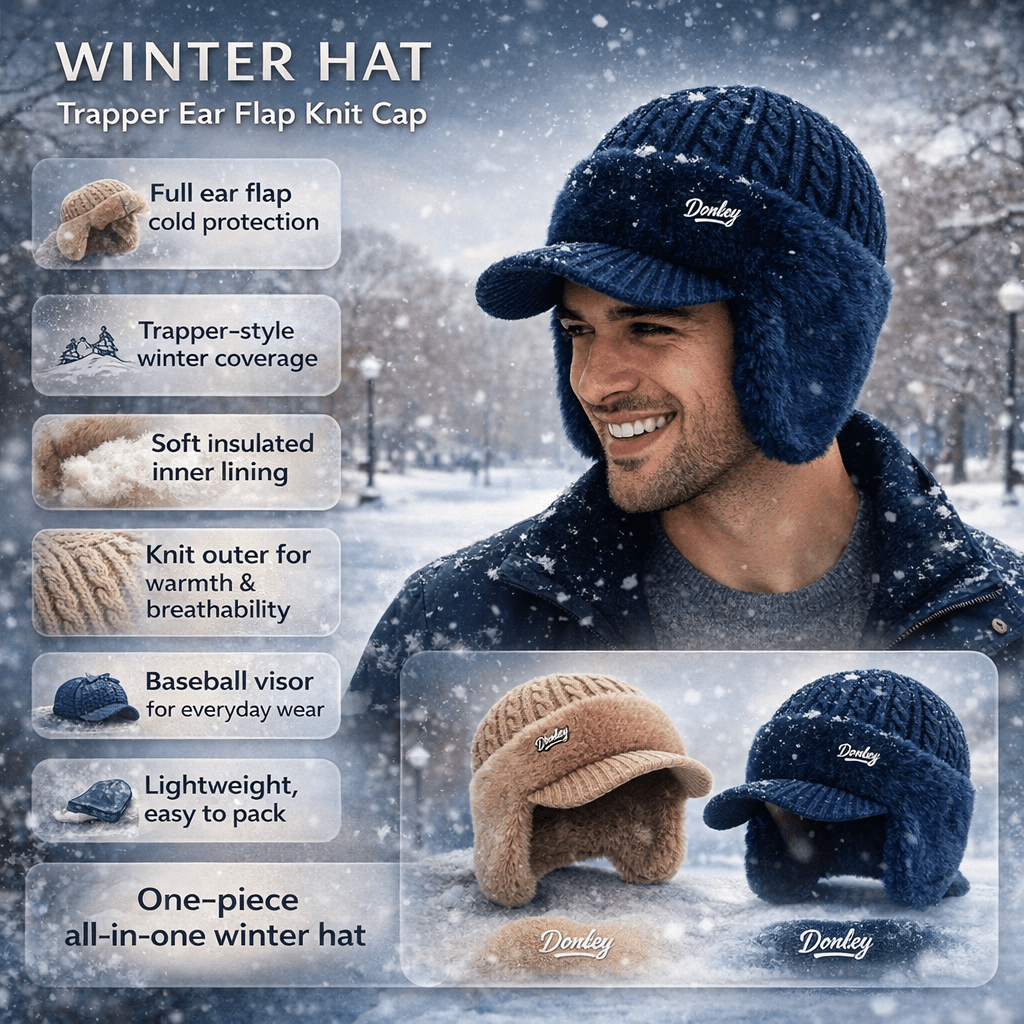 Winter Hat Trapper Ear Flap Knit Cap with Insulated Fleece Lining for Cold Weather - LofiMart