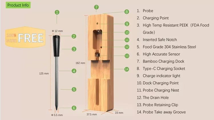 Wireless Meat Thermometer with Bluetooth Connectivity and Accurate Temperature Monitoring - LofiMart