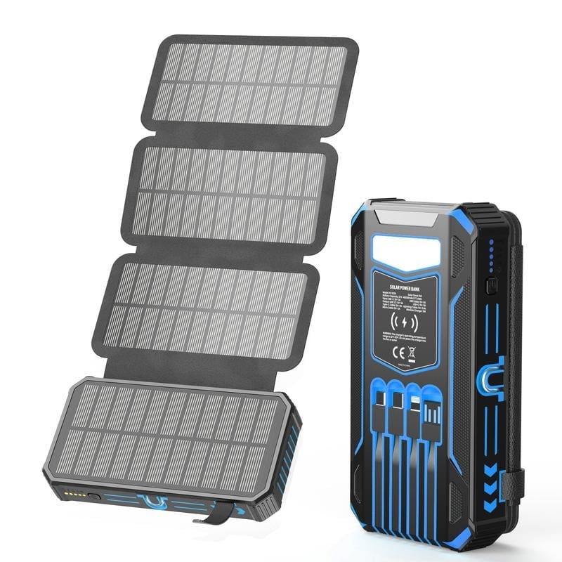 Wireless Portable Solar Charger Power Bank 30000mAh with Built-in Cables and Wireless Charging - LofiMart