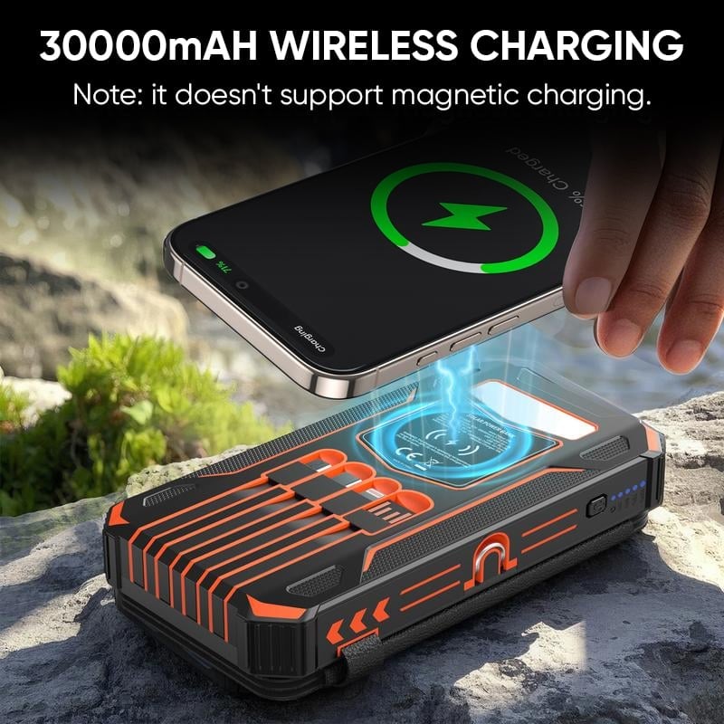Wireless Portable Solar Charger Power Bank 30000mAh with Built-in Cables and Wireless Charging - LofiMart