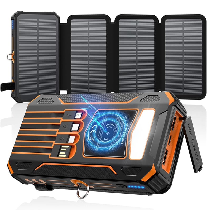 Wireless Portable Solar Charger Power Bank 30000mAh with Built-in Cables and Wireless Charging - LofiMart