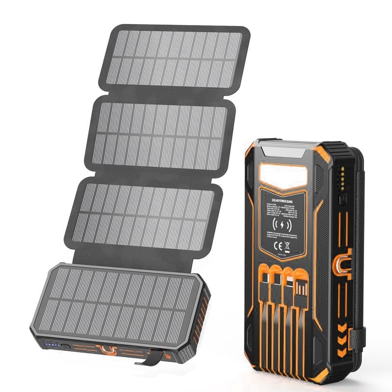 Wireless Portable Solar Charger Power Bank 30000mAh with Built-in Cables and Wireless Charging - LofiMart