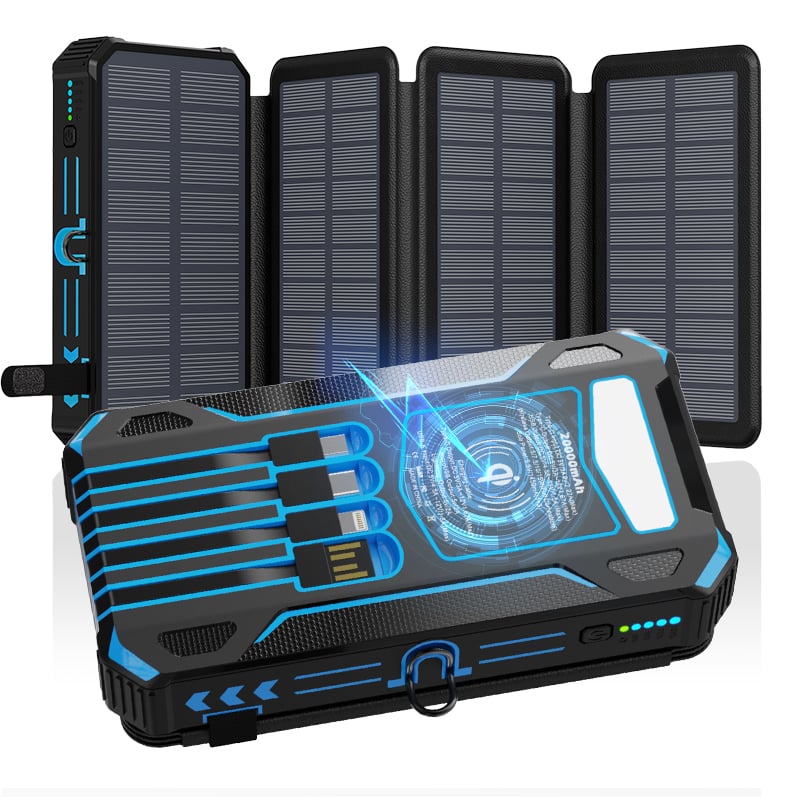 Wireless Portable Solar Charger Power Bank 30000mAh with Built-in Cables and Wireless Charging - LofiMart